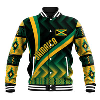 Black baseball jacket with green-and-yellow Kente pattern, striped rib collar, snap front