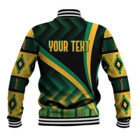 Black baseball jacket back with green-and-yellow Kente pattern and striped rib hem