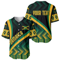 Jamaica baseball jersey front and back, green and black kente pattern with yellow trim, 'YOUR TEXT'