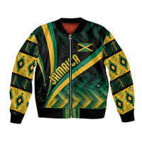 Black unisex bomber jacket with green-yellow kente pattern, front zipper, ribbed cuffs