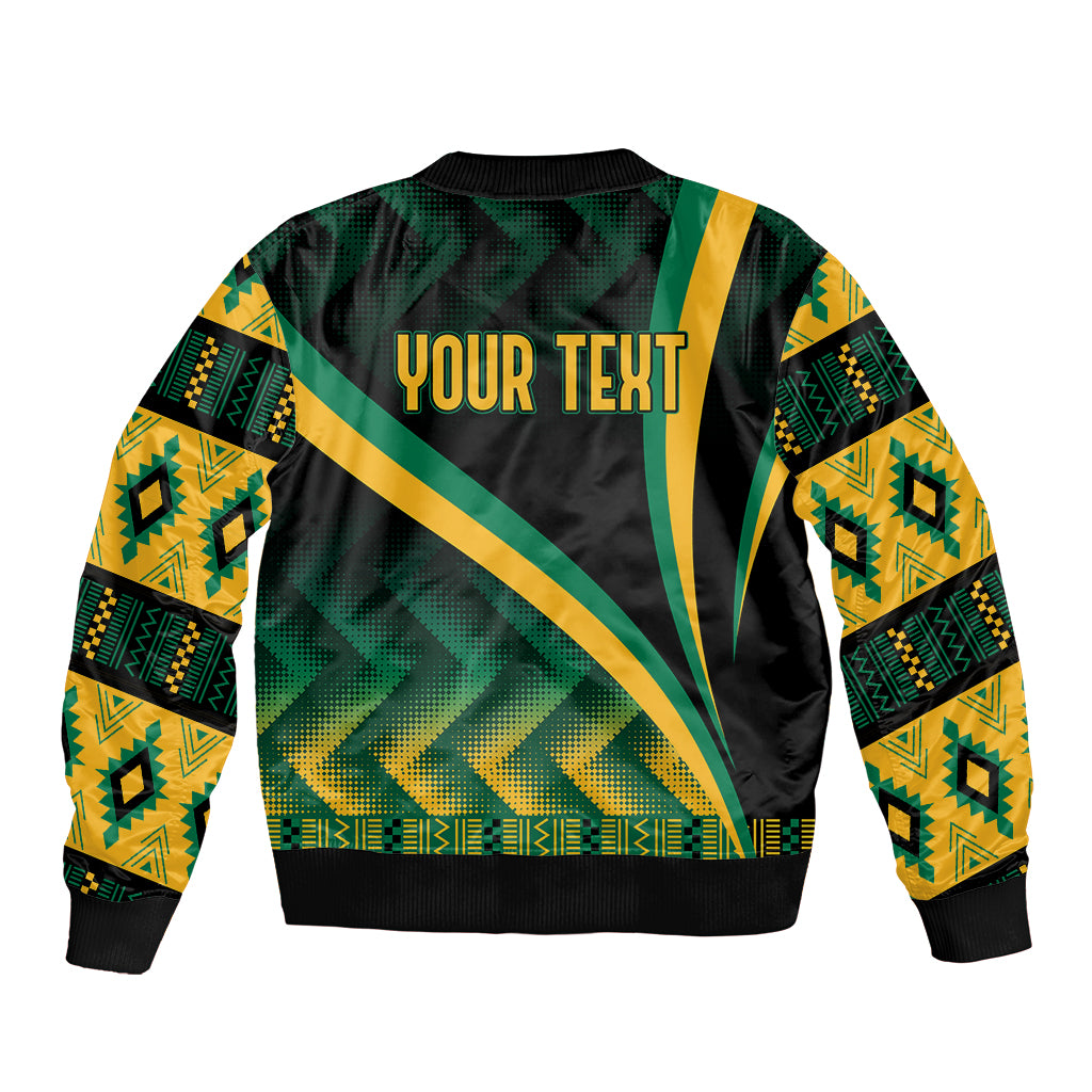 Black unisex bomber jacket with green-yellow kente pattern and YOUR TEXT back print