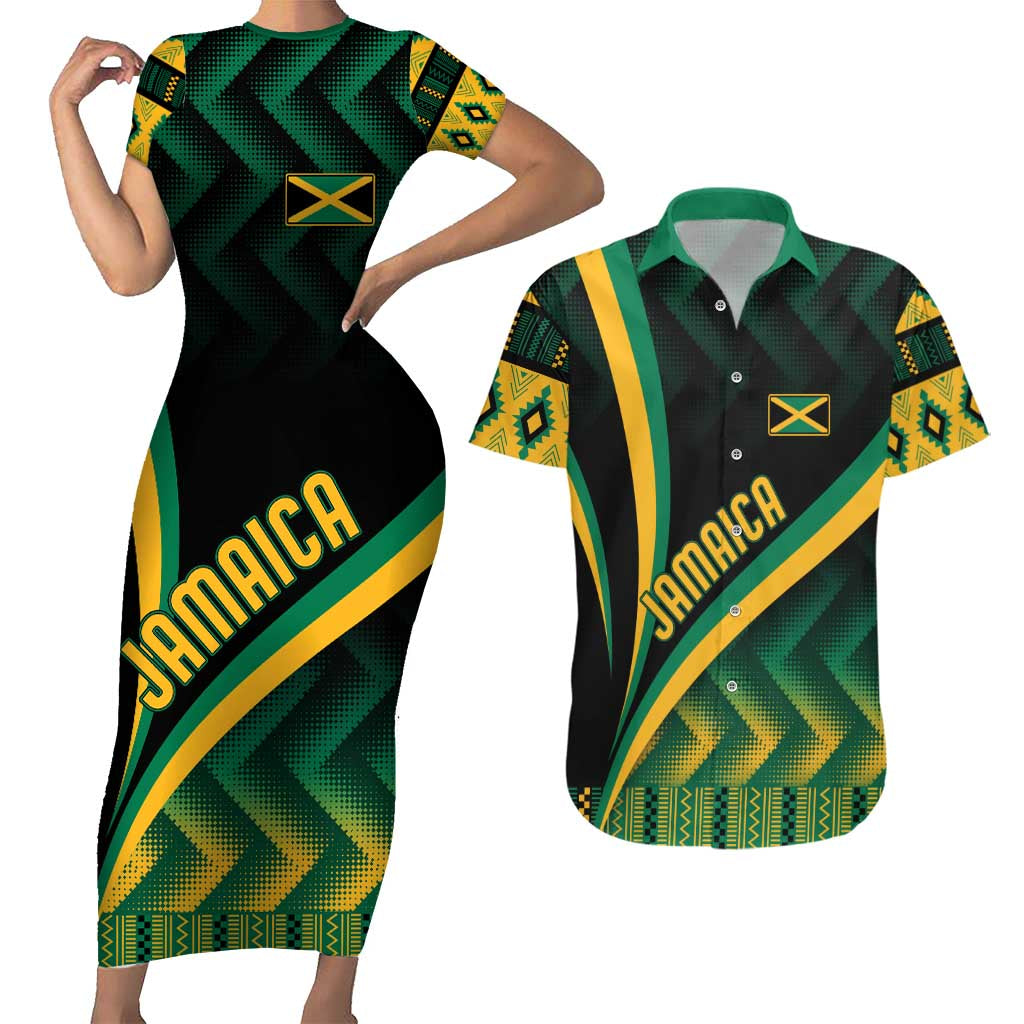 Matching kente-pattern bodycon dress and Hawaiian shirt with “Jamaica” text, short sleeves