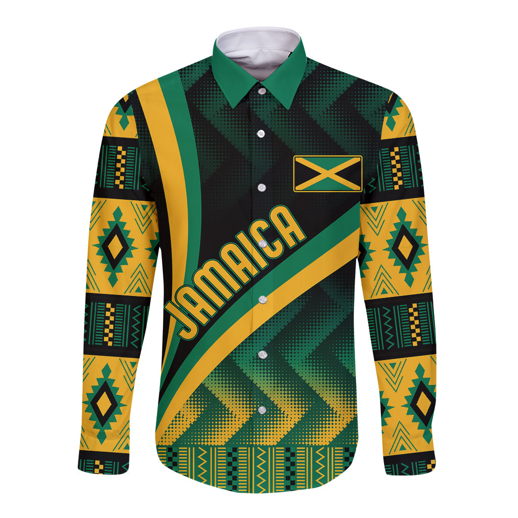 Long-sleeve button shirt in black with green and yellow Kente-style diagonal print, crest