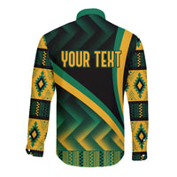 Long-sleeve button shirt back with green and yellow Kente-style diagonal print, 'YOUR TEXT'