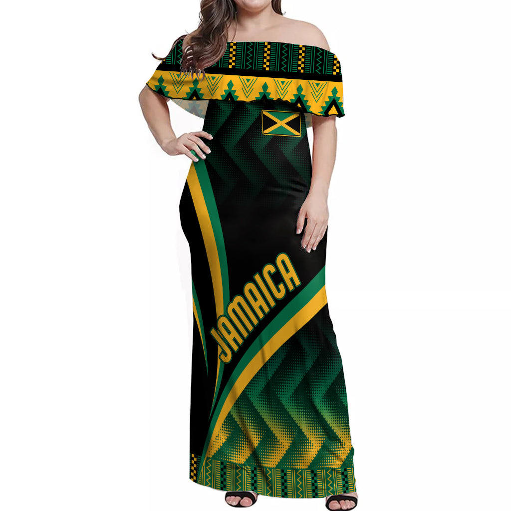 Jamaica Off Shoulder Maxi Dress Kente Pattern Basic - Black - Wonder Print Shop