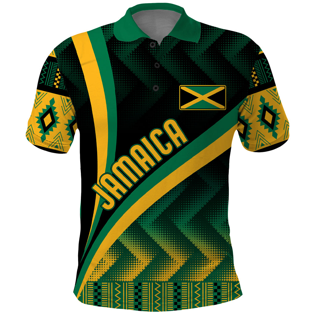Kente-pattern polo shirt with green-black fabric, yellow stripes, crest and Jamaican text