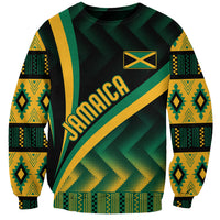 Black crewneck sweatshirt with green/yellow Kente pattern and 'Jamaica' print