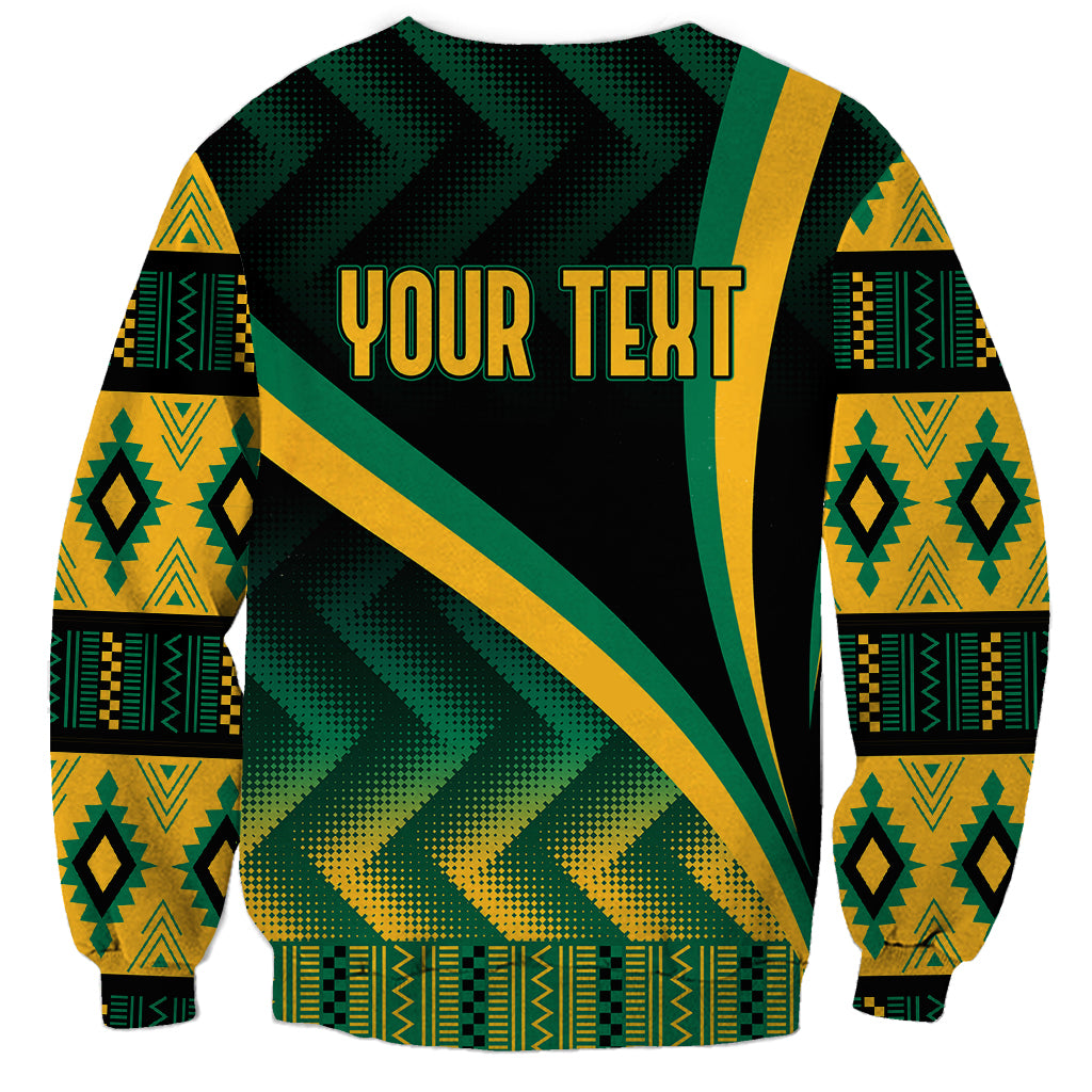 Black crewneck sweatshirt with green/yellow Kente pattern and 'YOUR TEXT' graphic