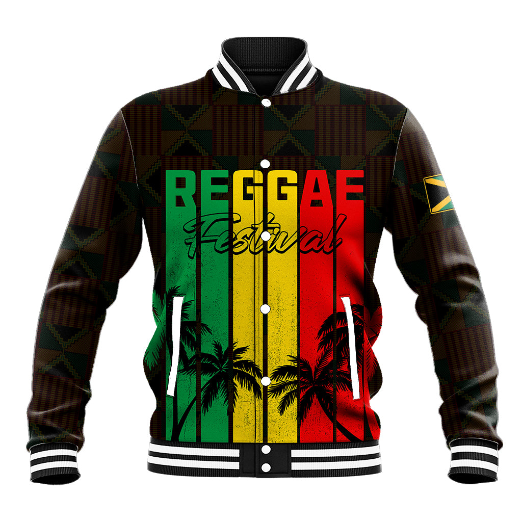 Brown baseball jacket with striped collar, cuffs, and reggae festival front graphic