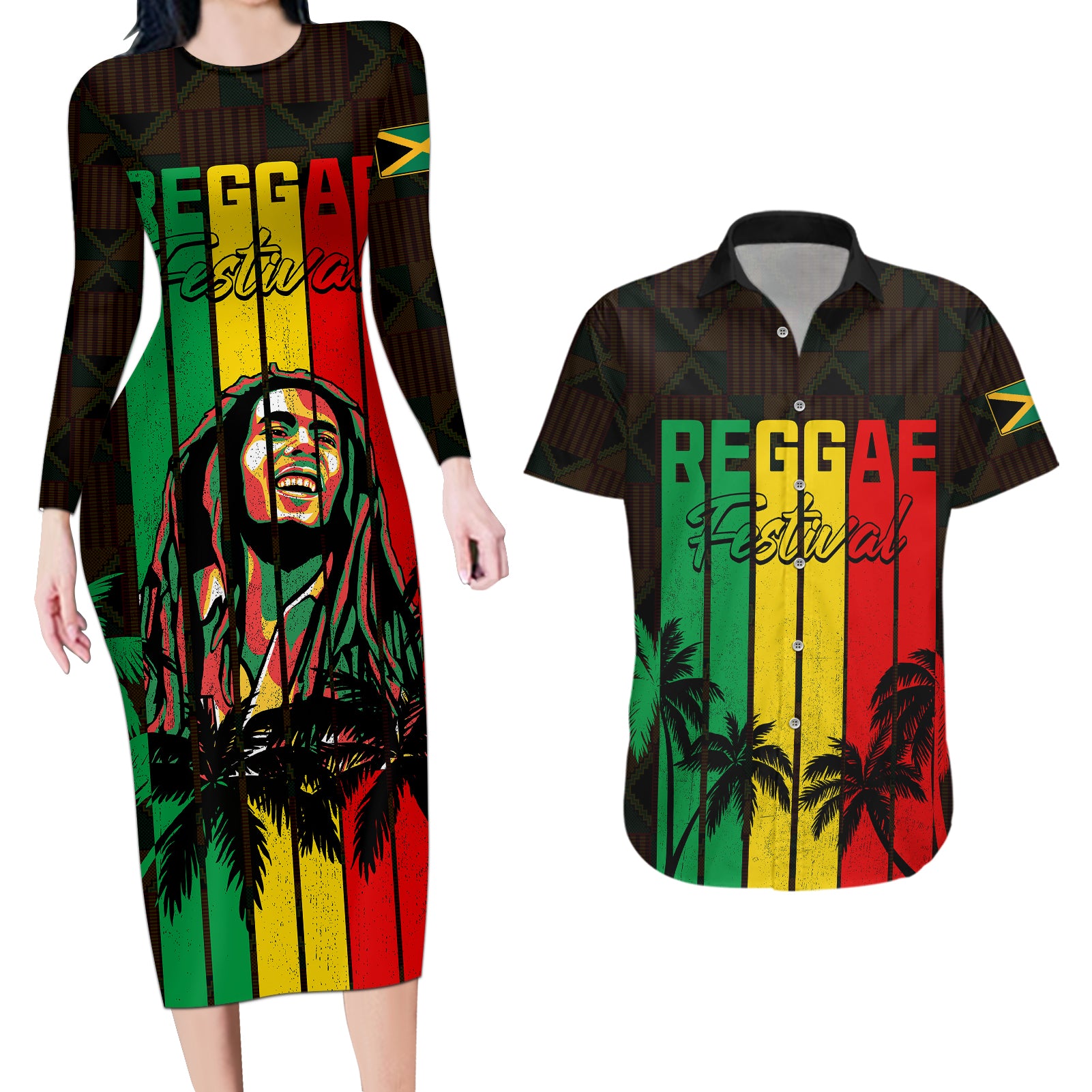 Personalised Jamaica Couples Matching Long Sleeve Bodycon Dress and Hawaiian Shirt Reggae Festival Legend Bob Abstract Portrait LT7 - Wonder Print Shop