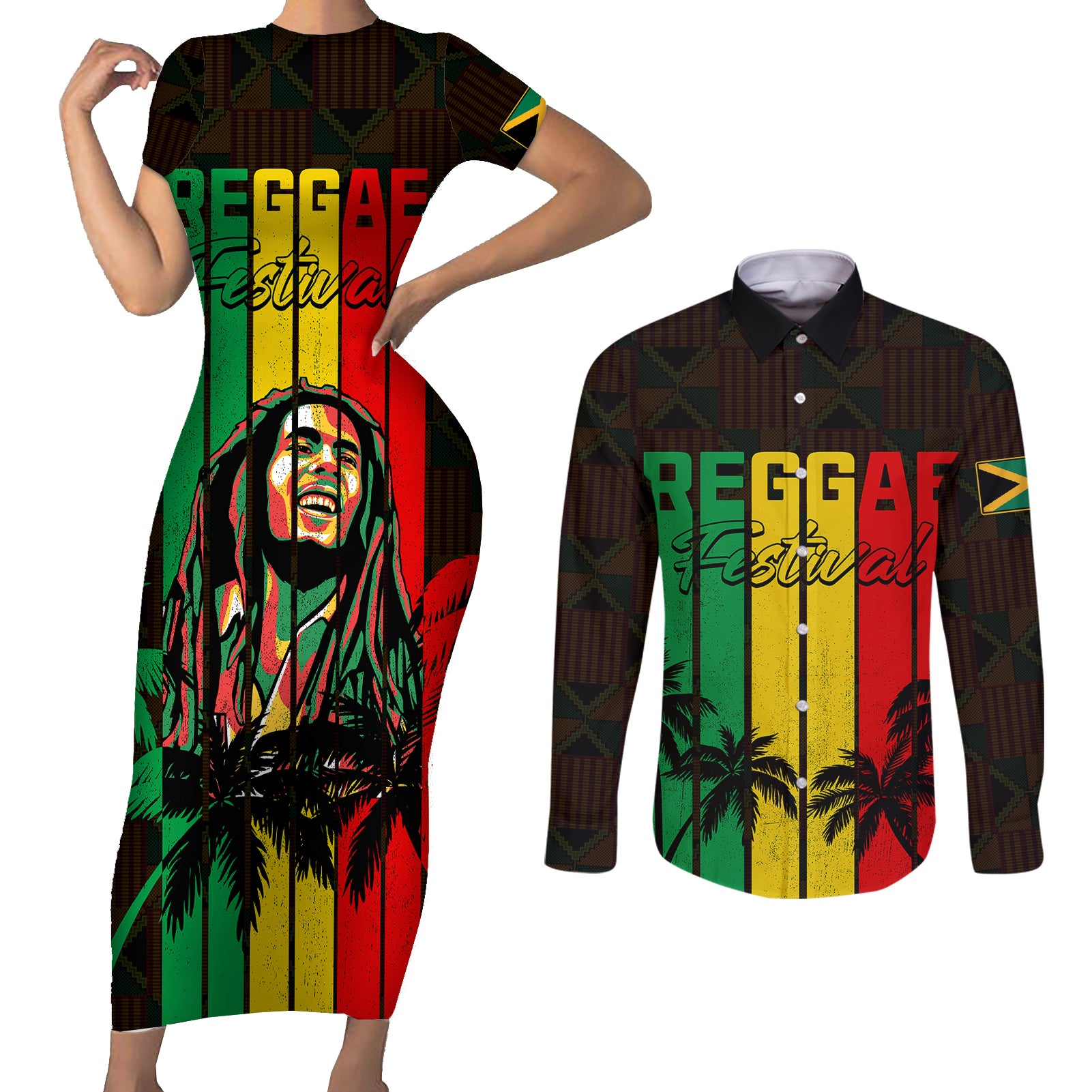 Personalised Jamaica Couples Matching Short Sleeve Bodycon Dress and Long Sleeve Button Shirts Reggae Festival Legend Bob Abstract Portrait LT7 - Wonder Print Shop