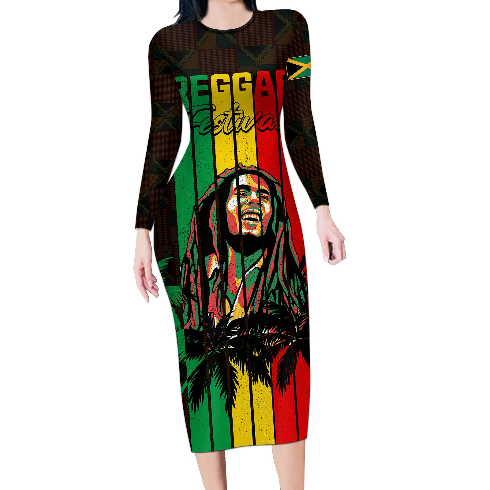 Personalised Jamaica Long Sleeve Bodycon Dress Reggae Festival Legend Bob Abstract Portrait - Wonder Print Shop