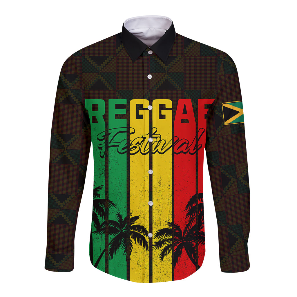 Long-sleeve button shirt with brown geometric pattern and reggae palm graphic
