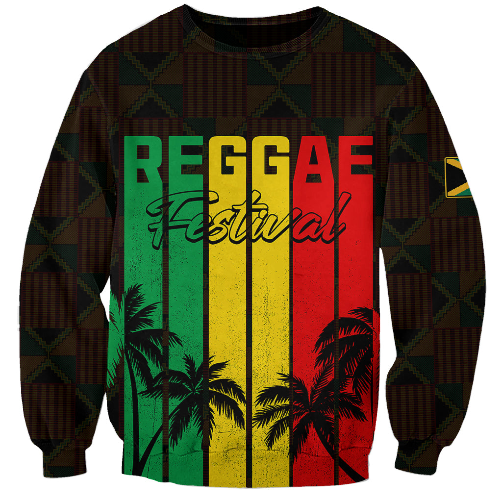 Unisex dark brown sweatshirt with reggae logo, colorful striped palms graphic on front