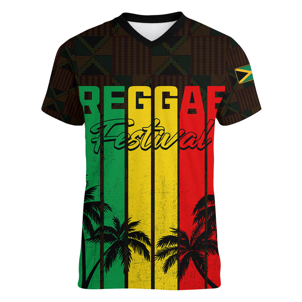 Personalised Jamaica Women V Neck T Shirt Reggae Festival Legend Bob Abstract Portrait - Wonder Print Shop