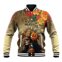Dia de Los Muertos baseball jacket with Mictecacihuatl graphic and floral print