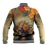 Baseball jacket with Dia de Los Muertos Mictecacihuatl floral back graphic