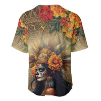 Multicolor Dia de Los Muertos baseball jersey back with Aztec sun mask and flowers