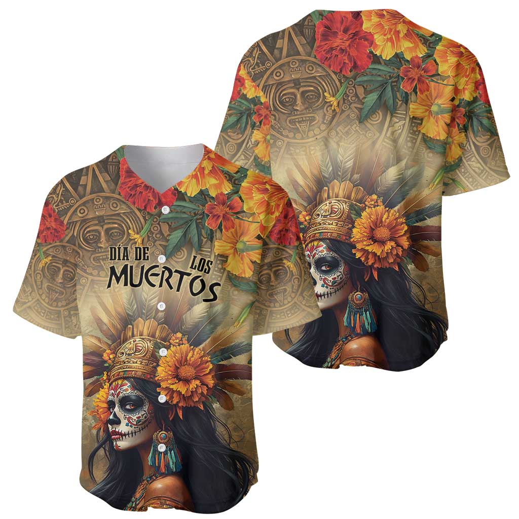 Dia de Los Muertos baseball jersey set: front/back with skull, flowers, Aztec art