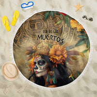 Round beach blanket, fringed edge, Dia de los Muertos goddess face with yellow-orange flowers