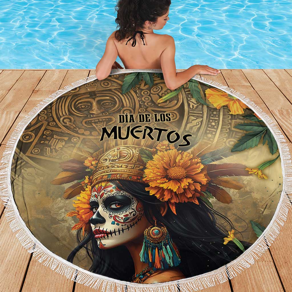 Round beach blanket with white fringe, Dia de los Muertos goddess portrait in olive and amber