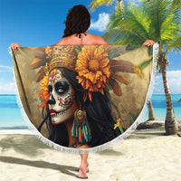 Round beach blanket with white fringe, Dia de los Muertos goddess face with bright yellow marigolds