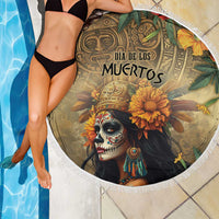 Round beach blanket, fringed edge, Dia de los Muertos goddess portrait in olive and gold