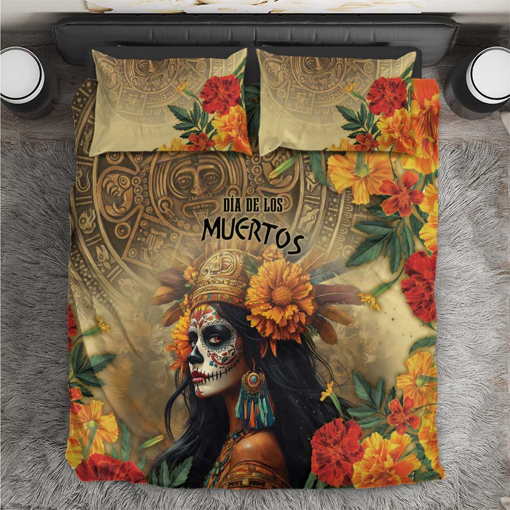 Dia de los Muertos bedding set with decorative face, floral accents, and two matching pillowcases