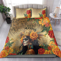 Dia de los Muertos comforter with floral goddess artwork and two beige coordinating pillow shams