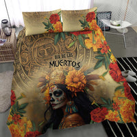 Dia de los Muertos bedding set with floral goddess artwork, two pillow shams, and bold lettering