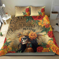 Dia de los Muertos bedding set featuring ornate skull face art with flowers and two pillowcases