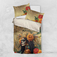 Flat lay Dia de los Muertos comforter set: floral skull design with two pillowcases