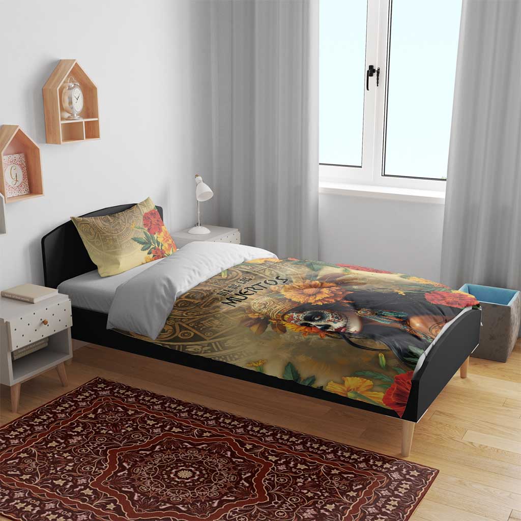 Dia de los Muertos bedding set on bed: floral skull artwork comforter with matching pillowcase