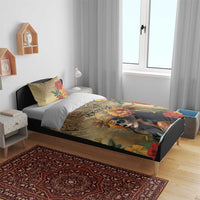 Dia de los Muertos bedding set on bed: floral skull artwork comforter with matching pillowcase