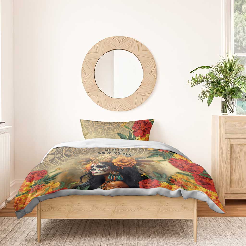 Dia de los Muertos bedding set on bed: floral skull artwork comforter with two pillowcases