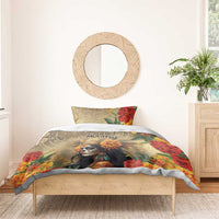 Dia de los Muertos bedding set on bed: floral skull artwork comforter with two pillowcases
