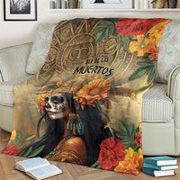 Dia de los Muertos blanket with Aztec-style goddess portrait and floral accents, dark hair