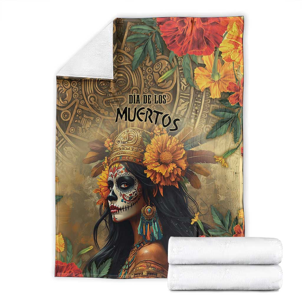 Dia de los Muertos throw blanket featuring goddess portrait with bright flowers and symbols