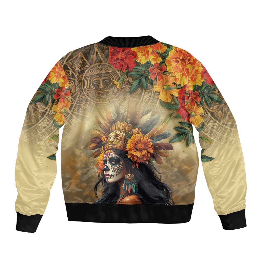 Unisex bomber jacket with skull portrait and flowers, ribbed hem and cuffs