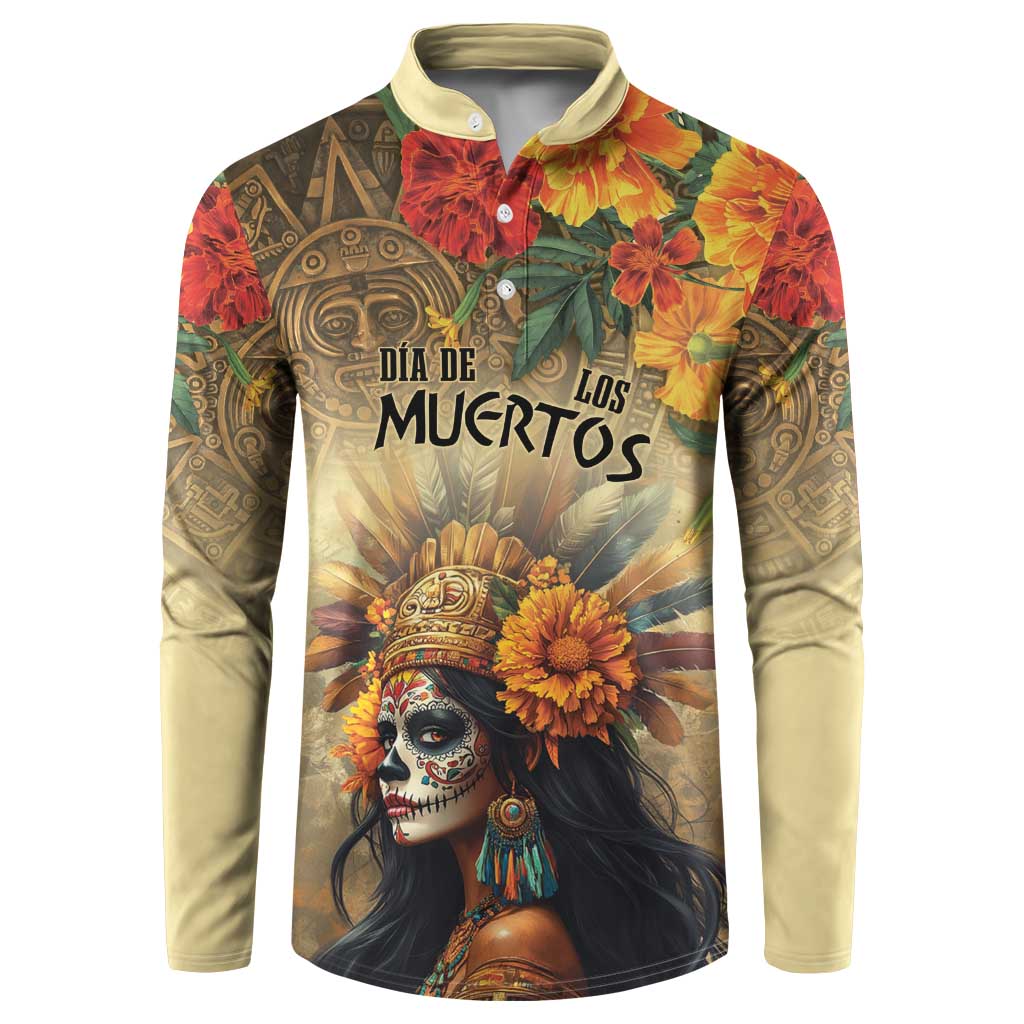 Long-sleeve button sweatshirt with tan base and colorful Dia de los Muertos goddess graphic