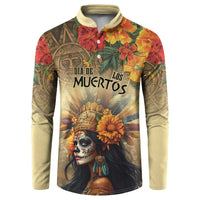 Long-sleeve button sweatshirt with tan base and colorful Dia de los Muertos goddess graphic