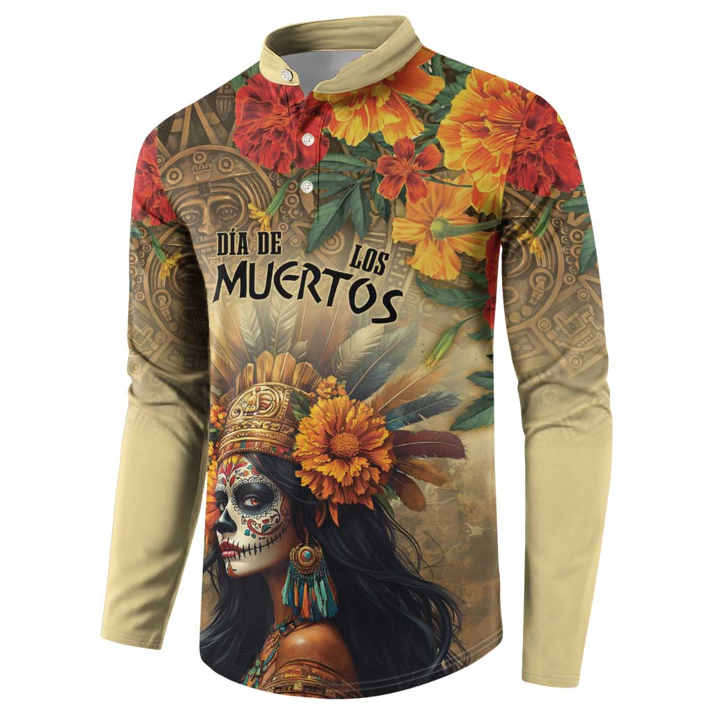 Long-sleeve button sweatshirt with tan base and multicolor floral goddess skull front art