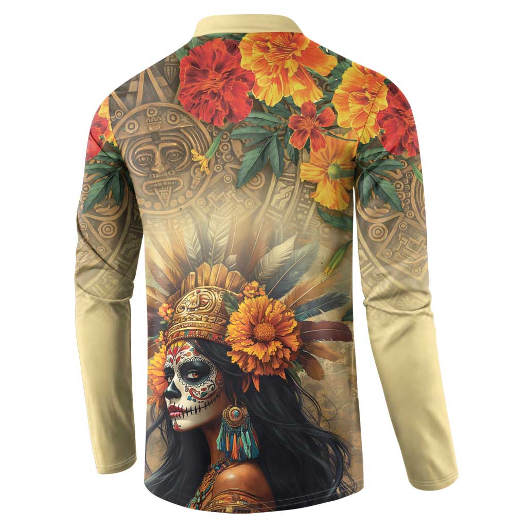 Long-sleeve button sweatshirt with back print of floral goddess skull and tan base