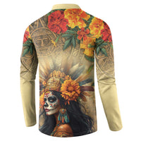 Long-sleeve button sweatshirt with back print of floral goddess skull and tan base