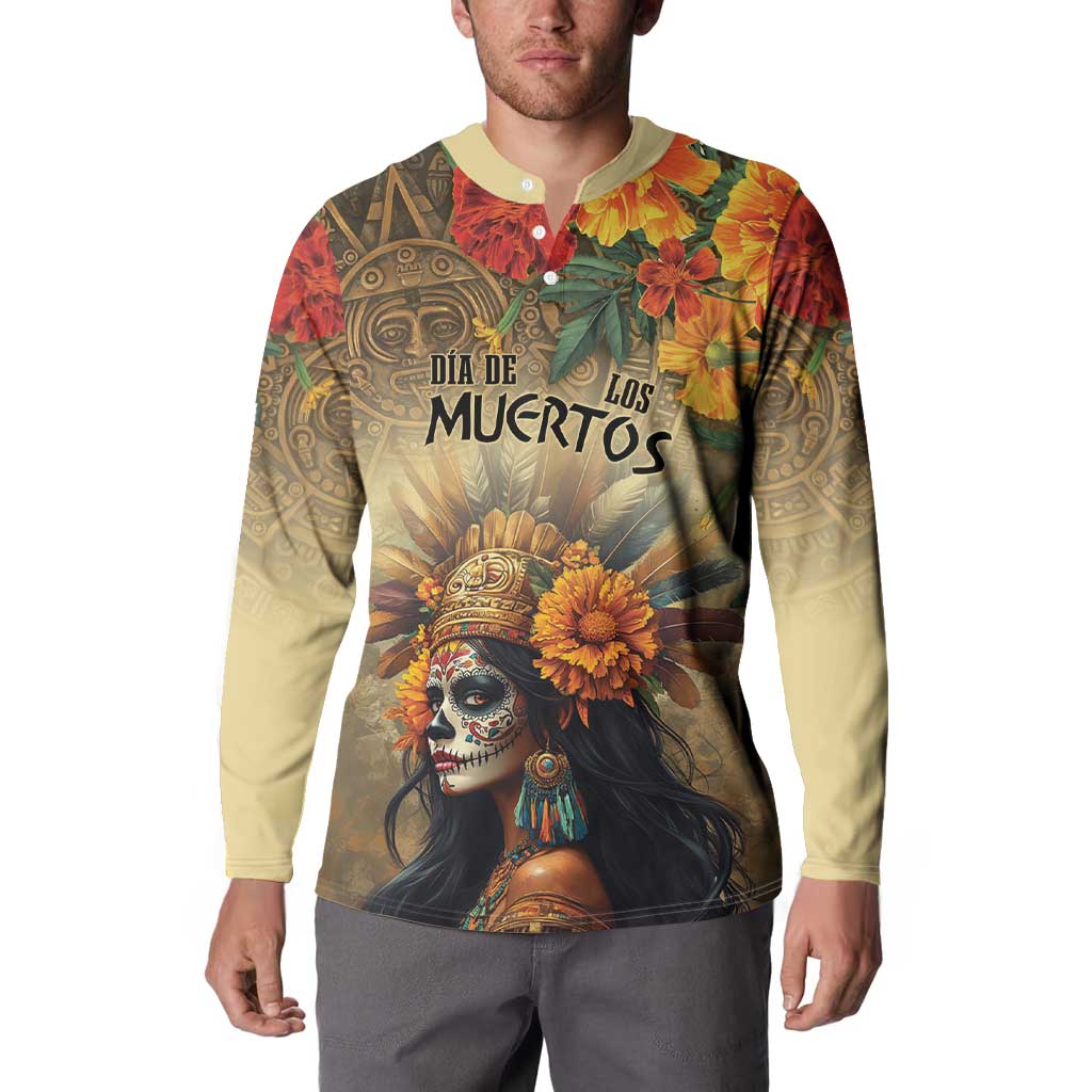 Long-sleeve button sweatshirt with henley collar and Dia de los Muertos goddess artwork