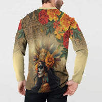 Long-sleeve button sweatshirt, back view with goddess skull portrait and orange-yellow flowers