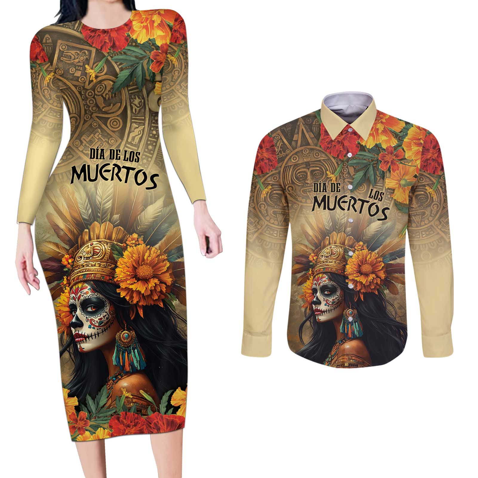 Dia de Los Muertos Mexico Couples Matching Long Sleeve Bodycon Dress and Long Sleeve Button Shirt Aztec Goddess Mictecacihuatl LT7 - Wonder Print Shop