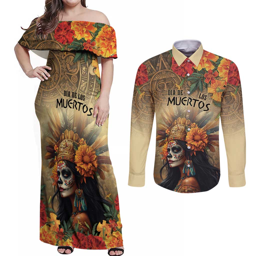 Dia de Los Muertos Mexico Couples Matching Off Shoulder Maxi Dress and Long Sleeve Button Shirt Aztec Goddess Mictecacihuatl LT7 - Wonder Print Shop