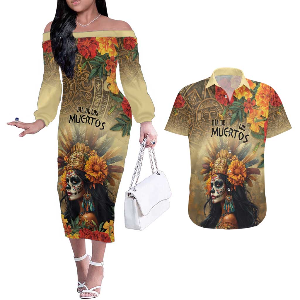 Dia de Los Muertos Mexico Couples Matching Off The Shoulder Long Sleeve Dress and Hawaiian Shirt Aztec Goddess Mictecacihuatl LT7 - Wonder Print Shop