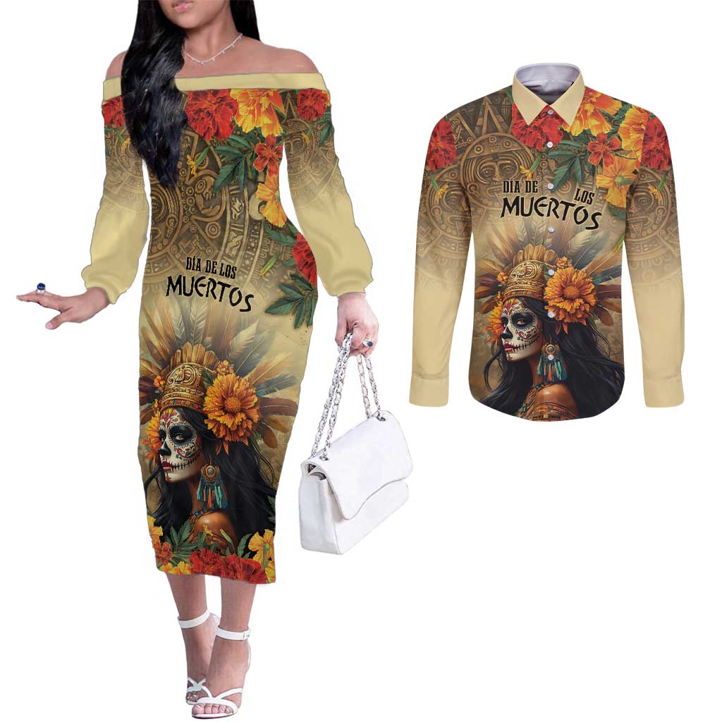 Dia de Los Muertos Mexico Couples Matching Off The Shoulder Long Sleeve Dress and Long Sleeve Button Shirt Aztec Goddess Mictecacihuatl